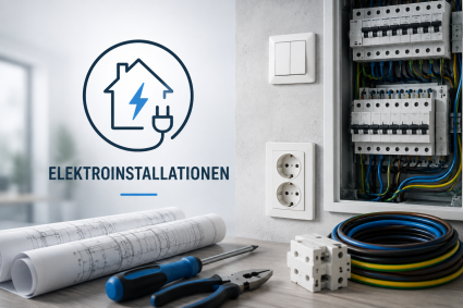 Ein geöffneter Sicherungskasten, daneben 2 Steckdosen und ein Lichtschalter und der Schriftzug Elektroinstallationen